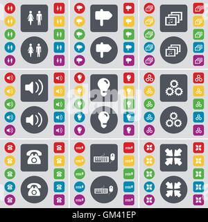 Silhouette, Signpost, Gallery, Sound, Light bulb, Gears, Retro phone, Keyboard and Mouse, Deploying screen icon symbol. A large set of flat, colored buttons for your design. Vector Stock Vector