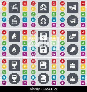 Clapper, Avatar, Megaphone, Fire, Floppy, Gallery, Wineglass, SIM card, Brush icon symbol. A large set of flat, colored buttons for your design. Vector Stock Vector