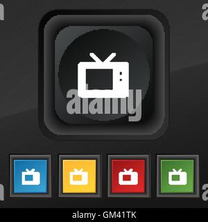 Retro TV mode  icon symbol. Set of five colorful, stylish buttons on black texture for your design. Vector Stock Vector