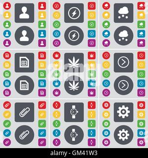 Avatar, Flash, Cloud, File, Marijuana, Arrow right, Clip, Wrist watch, Gear icon symbol. A large set of flat, colored buttons for your design. Vector Stock Vector