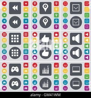 Rewind, Checkpoint, Arrow down, Apps, Like, Sound, Gamepad, Graph, Laptop icon symbol. A large set of flat, colored buttons for your design. Vector Stock Vector