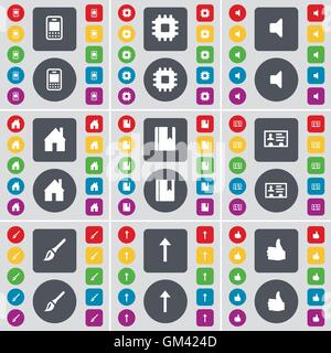 Mobile phone, Processor, Sound, House, Dictionary, Contact, Brush, Arrow up, Like icon symbol. A large set of flat, colored buttons for your design. Vector Stock Vector