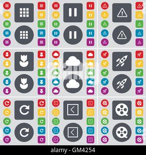 Apps, Pause, Warning, Flower, Cloud, Rocket, Reload, Arrow left, Videotape icon symbol. A large set of flat, colored buttons for your design. Vector Stock Vector