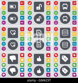 Battery, Lock, Bus, Heart, Text file, Database, Dislike, Like, Tag icon symbol. A large set of flat, colored buttons for your design. Vector Stock Vector
