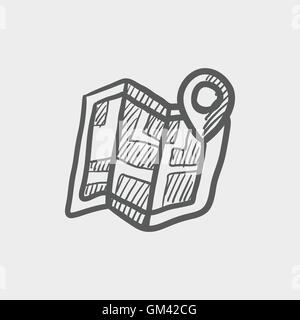 Folded map with pin sketch icon Stock Vector