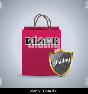 Black friday advertising background with shopping bag and shield Stock Vector