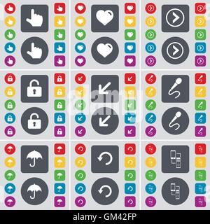 Hand, Heart, Arrow right, Lock, Deploying screen, Microphone, Umbrella, Reload, Connection icon symbol. A large set of flat, colored buttons for your design. Vector Stock Vector