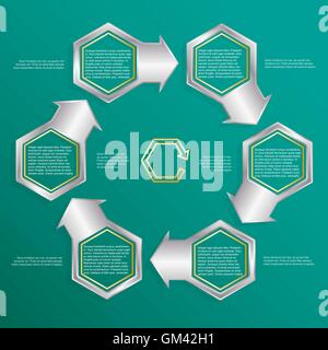 Six hexagonal frames for text or infographics. Description of the process. Stock Vector