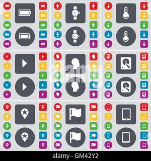 Battery, Wrist watch, Thermometer, Media play, Silhouette, Hard drive, Checkpoint, Flag, Tablet PC icon symbol. A large set of flat, colored buttons for your design. Vector Stock Vector