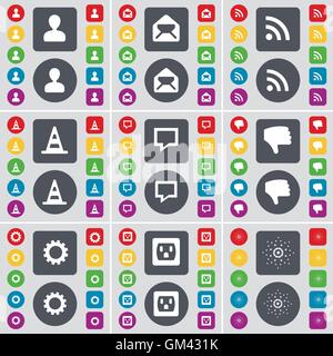 Avatar, Message, RSS, Cone, Chat bubble, Dislike, Gear, Socket,  icon symbol. A large set of flat, colored buttons for your design. Vector Stock Vector
