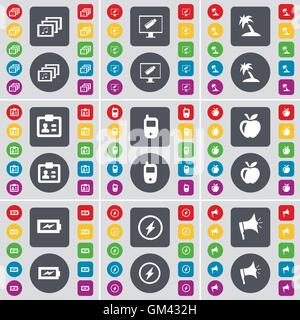 Gallery, Monitor, Palm, Contact, Mobile phone, Apple, Charging, Flash, Megaphone icon symbol. A large set of flat, colored buttons for your design. Vector Stock Vector