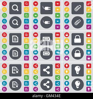 Magnifying glass, Socket, Clip, Text file, Battery, Lock, File,  icon symbol. A large set of flat, colored buttons for your design. Vector Stock Vector