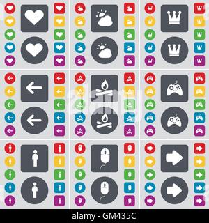 Heart, Cloud, Crown, Arrow left, Campfire, Gamepad, Silhouette, Mouse, Arrow right icon symbol. A large set of flat, colored but Stock Vector