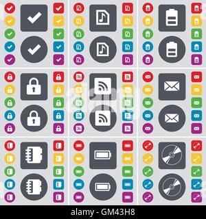 Tick, Music file, Battery, Lock, RSS, Message, Notebook, Battery, Disk icon symbol. A large set of flat, colored buttons for your design. Vector Stock Vector