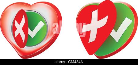 Romantic approval rejection symbols design with red heart shaped Stock Vector