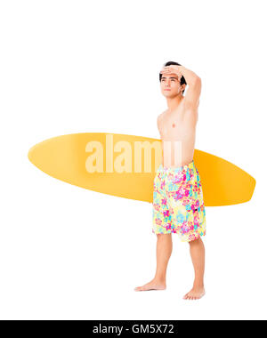 Young man with surfboard isolated on white Stock Photo