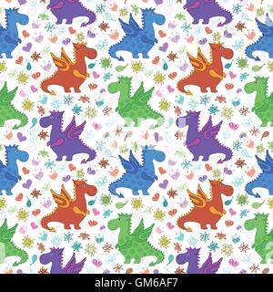 Seamless pattern, cartoon colorful Dragons Stock Vector