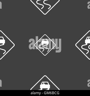 Road slippery icon sign. Seamless pattern on a gray background. Vector Stock Vector