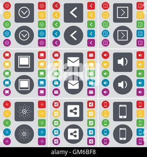 Arrow down, Arrow left, Arrow right, Window, Message, Sound, Star, Share, Smartphones icon symbol. A large set of flat, colored buttons for your design. Vector Stock Vector