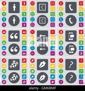 Silhouette, Arrow left, Receiver, Quoting mark, SMS, Speaker, Ink pen, Question mark icon symbol. A large set of flat, colored buttons for your design. Vector Stock Vector