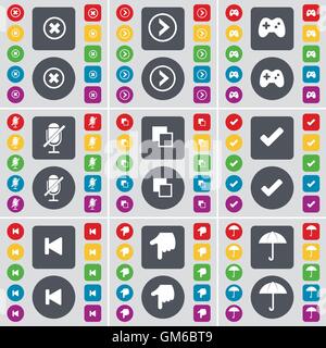 Stop, Arrow right, Gamepad, Microphone, Copy, Tick, Media skip, Hand, Umbrella icon symbol. A large set of flat, colored buttons for your design. Vector Stock Vector