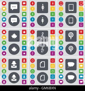 Chat bubble, Silhouette, Tablet PC, Maple leaf, Clef, Lollipop, Avatar, File, Chat cloud icon symbol. A large set of flat, colored buttons for your design. Vector Stock Vector