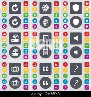 Reload, Globe, Shield, Router, Calculator, Sound, Camera, Quotation, Question icon symbol. A large set of flat, colored buttons for your design. Vector Stock Vector