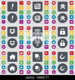 Exclamation mark, Newspaper, Wrench, Dropbox, Wi-Fi, Lock, House, Copy, Magnet icon symbol. A large set of flat, colored buttons for your design. Vector Stock Vector