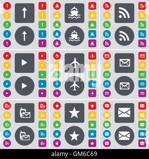 Arrow up, Ship, RSS, Media play, Airplane, Message, SMS, Star icon symbol. A large set of flat, colored buttons for your design. Vector Stock Vector