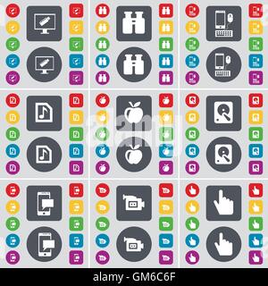 Monitor, Binoculars, Smartphone, Music file, Apple, Hard drive, SMS, Film camera, Hand icon symbol. A large set of flat, colored buttons for your design. Vector Stock Vector