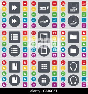 Rewind, Keyboard, PC, List, Window, Folder,  Dictionary, Apps, Headphones icon symbol. A large set of flat, colored buttons for your design. Vector Stock Vector