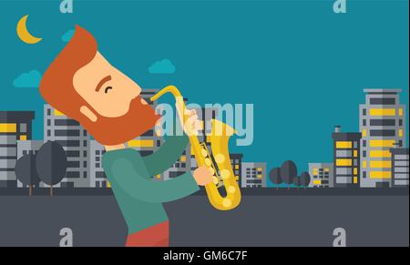 Saxophonist playing in the streets at night Stock Vector