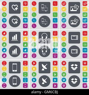 Heart, Connection, Picture, Diagram, Headphones, Microwave, Smartphone, Satellite dish, Dropbox icon symbol. A large set of flat, colored buttons for your design. Vector Stock Vector