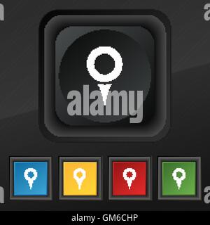 Map pointer, GPS location  icon symbol. Set of five colorful, stylish buttons on black texture for your design. Vector Stock Vector