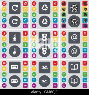 Reload, Recycling, Ball, Thermometer, Medal, Mail, Battery, Swimmer, Book icon symbol. A large set of flat, colored buttons for your design. Vector Stock Vector