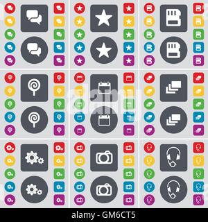 Chat, Star, SIM card, Lollipop, Calendar, Gallery, Gear, Camera, Headphones icon symbol. A large set of flat, colored buttons for your design. Vector Stock Vector