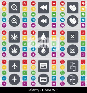 Magnifying glass, Rewind, Heart, Marijuana, Drop, Stop, Airplane, Credit card, Connection icon symbol. A large set of flat, colored buttons for your design. Vector Stock Vector