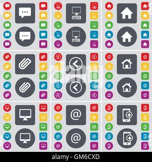 Chat bubble, Monitor, House, Clip, Arrow left, House, Monitor, Mail, Smartphone icon symbol. A large set of flat, colored buttons for your design. Vector Stock Vector