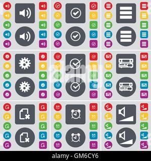 Sound, Tick, Apps, Gear, Tick, Record-player, File, Alarm clock, Volume icon symbol. A large set of flat, colored buttons for your design. Vector Stock Vector