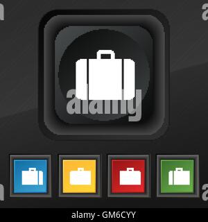 suitcase icon symbol. Set of five colorful, stylish buttons on black texture for your design. Vector Stock Vector