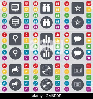 Server, Binoculars, Star, Checkpoint, Diagram, Chat cloud, Megaphone, Disk, Equalizer icon symbol. A large set of flat, colored Stock Vector