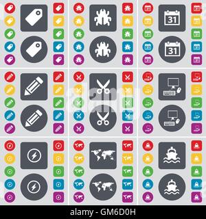 Tag, Bug, Calendar, Pencil, Scissors, PC, Flash, Globe, Ship icon symbol. A large set of flat, colored buttons for your design. Stock Vector