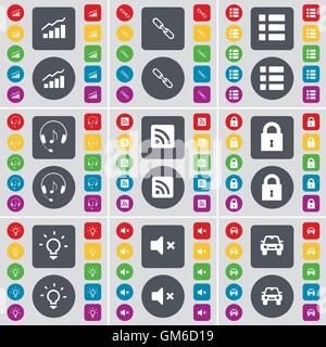 Graph, Link, List, Headphones, RSS, Lock, Light bulb, Mute, Car icon symbol. A large set of flat, colored buttons for your design. Vector Stock Vector