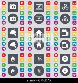 Camera, Laptop, Gear, CCTV, House, Film camera, Fire, Percent, Disk icon symbol. A large set of flat, colored buttons for your design. Vector Stock Vector