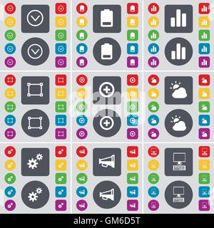 Arrow down, Battery, Diagram, Frame, Plus, Cloud, Gear, Megaphone, PC icon symbol. A large set of flat, colored buttons for your design. Vector Stock Vector