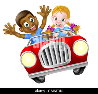 Two cartoon children having fun driving in a car Stock Photo