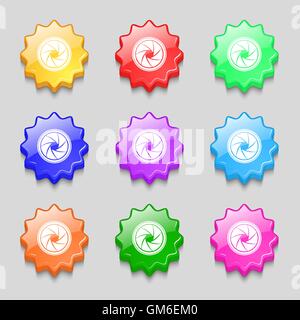 diaphragm icon. Aperture sign. Symbols on nine wavy colourful buttons. Vector Stock Vector