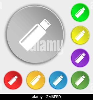 Usb sign icon. flash drive stick symbol. Symbols on eight flat buttons. Vector Stock Vector