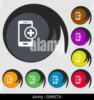 Mobile devices sign icon. with symbol plus. Symbols on eight colored buttons. Vector Stock Vector