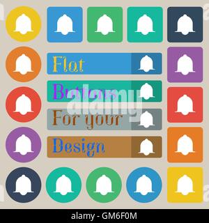 Alarm bell sign icon. Wake up alarm symbol. Speech bubbles information icons. Set of twenty colored flat, round, square and rectangular buttons. Vector Stock Vector